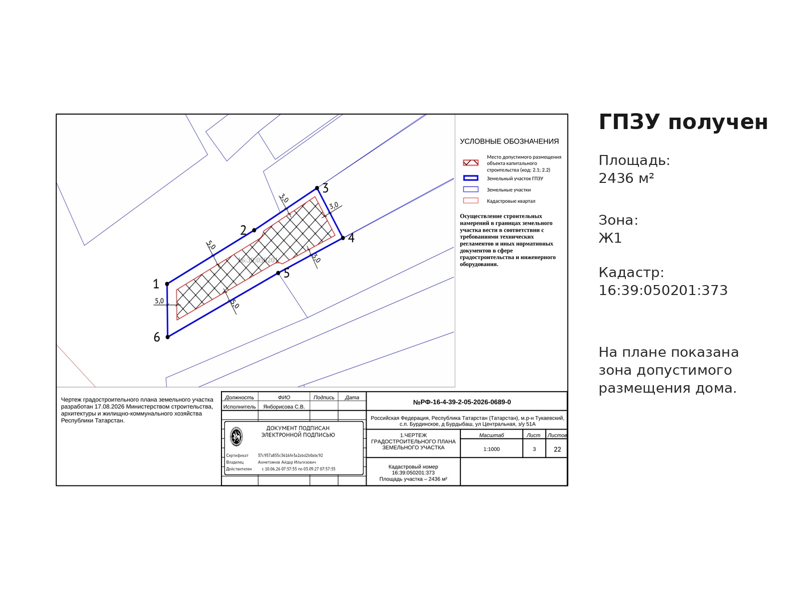 Чертёж ГПЗУ: площадь 2436 м², зона Ж1, кадастровый номер 16:39:050201:373